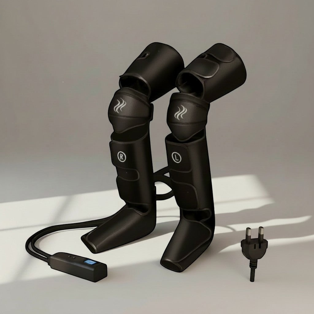 A comfortable leg massager featuring adjustable air compression settings designed for home relaxation and wellness routines.
