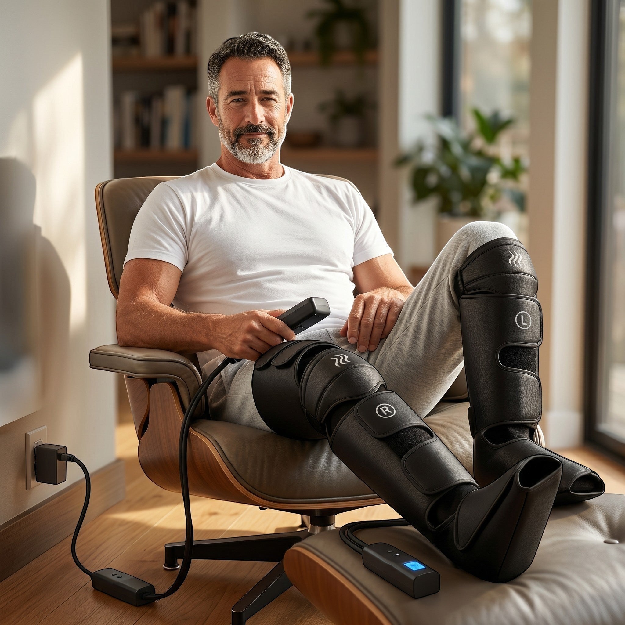 Relax at home with a leg massager featuring air compression technology and an easy-to-use design.