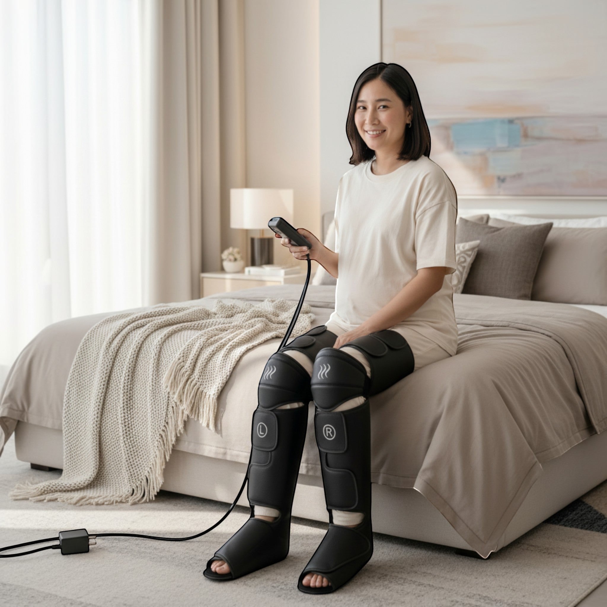 Enjoy a comfortable massage experience with a portable leg massager designed for relaxation and wellness routines.
