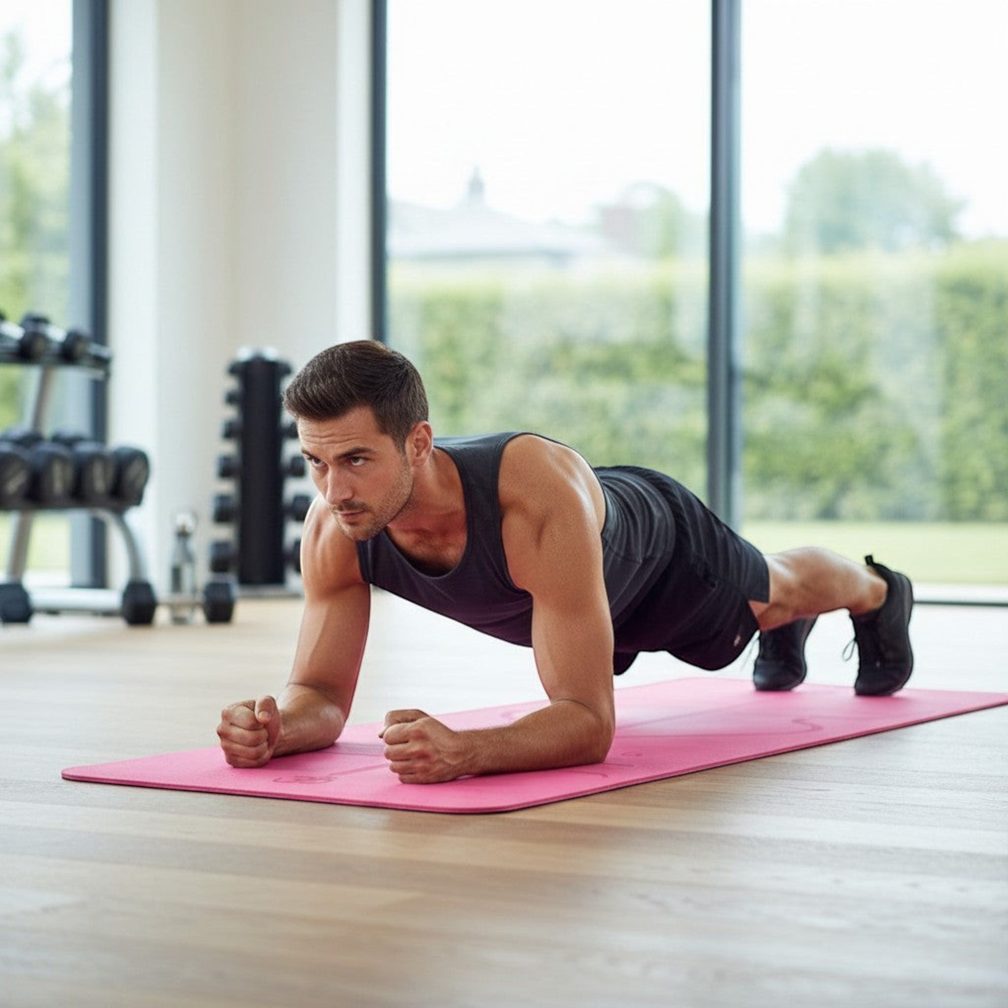 Create a comfortable workout space with a premium yoga mat suitable for yoga, pilates, stretching, and bodyweight exercises.