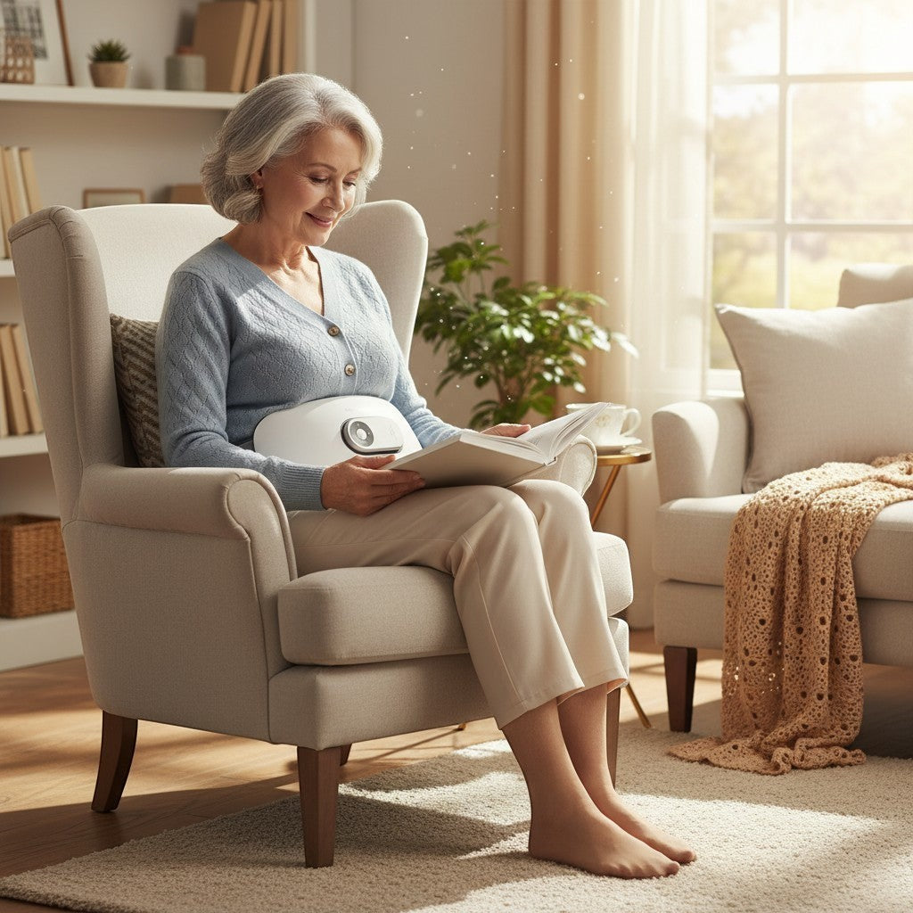 Experience a soothing massage routine with a wearable lumbar massage belt featuring convenient functionality.