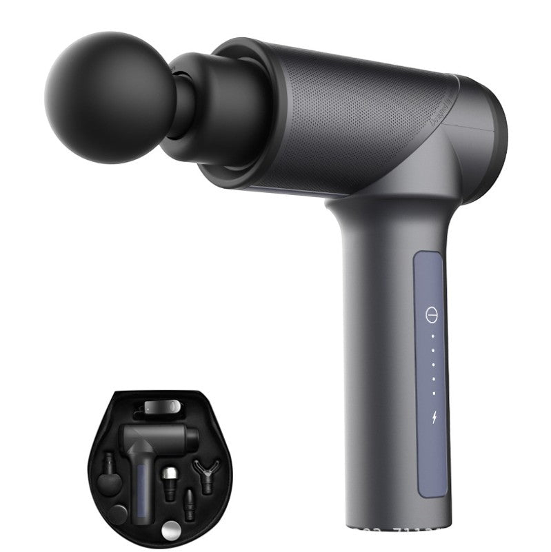 A compact percussion massager featuring multiple speed settings and an ergonomic handheld design.