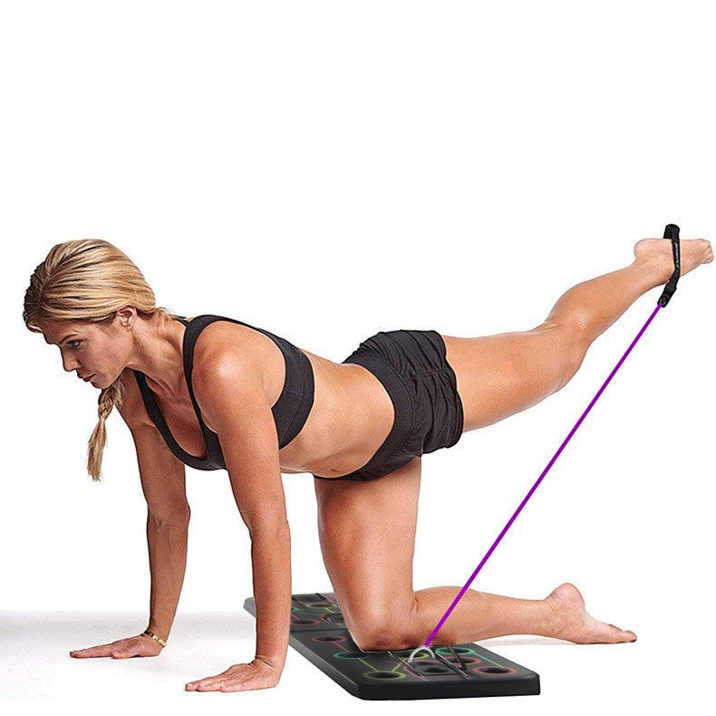 Train multiple muscle groups at home with a push-up board and resistance band system designed for full-body fitness routines.