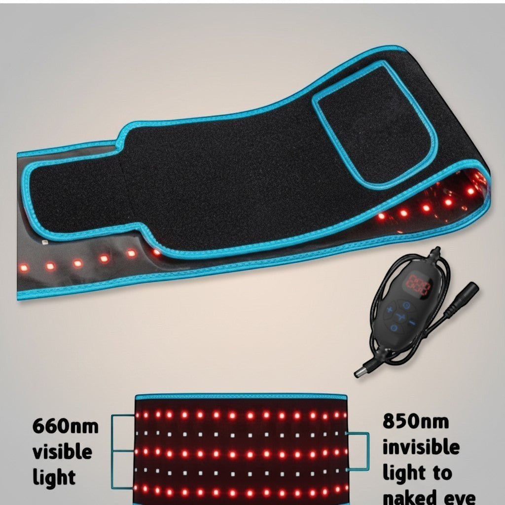 A lightweight wearable device featuring red and infrared LED technology for everyday wellness sessions.