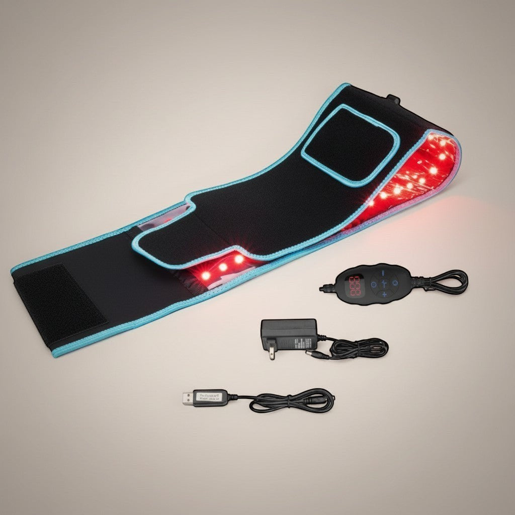 Experience a modern wellness routine with a red and infrared LED therapy belt designed for comfort and relaxation at home.