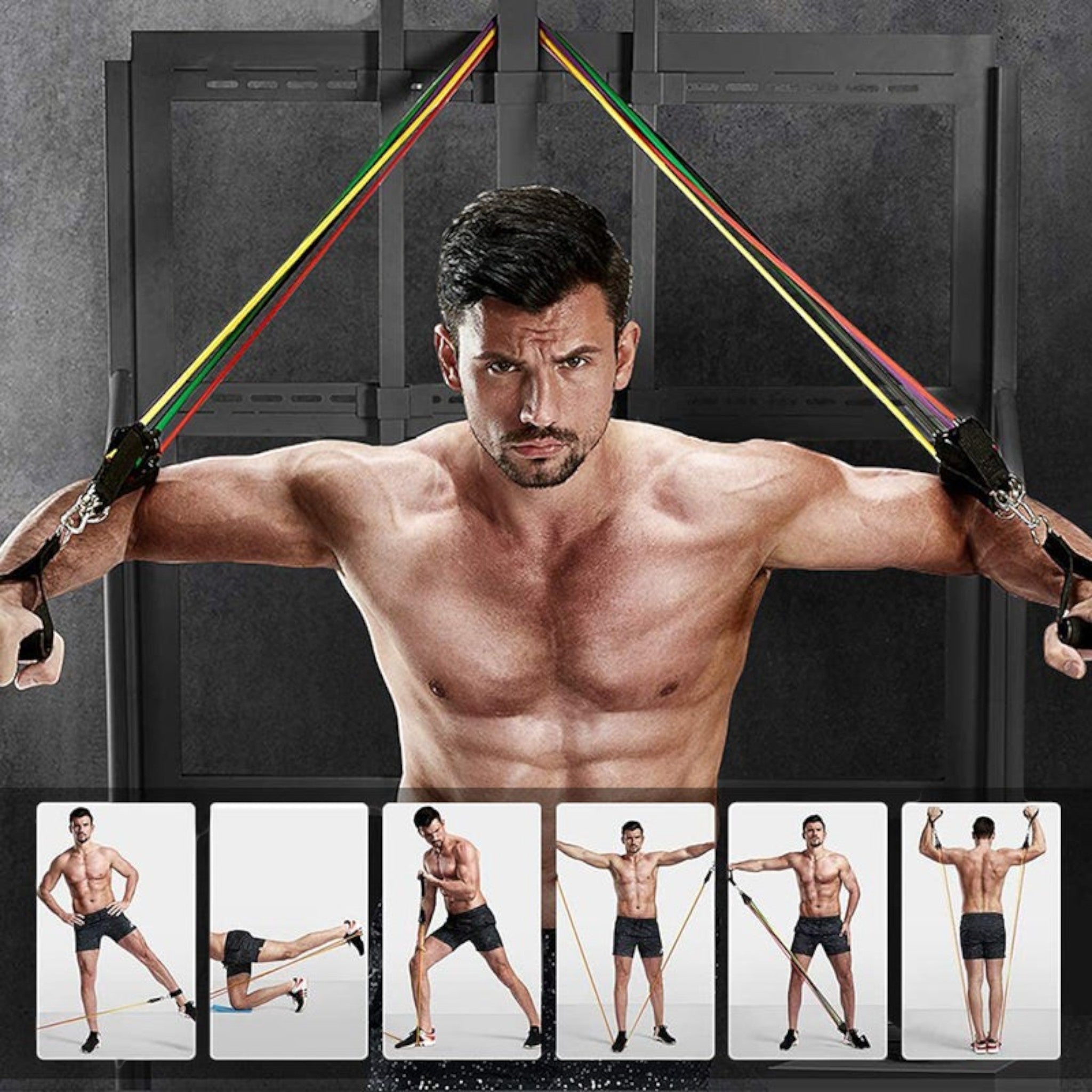 A complete resistance bands training system featuring multiple resistance levels for strength training, flexibility exercises, and fitness routines.