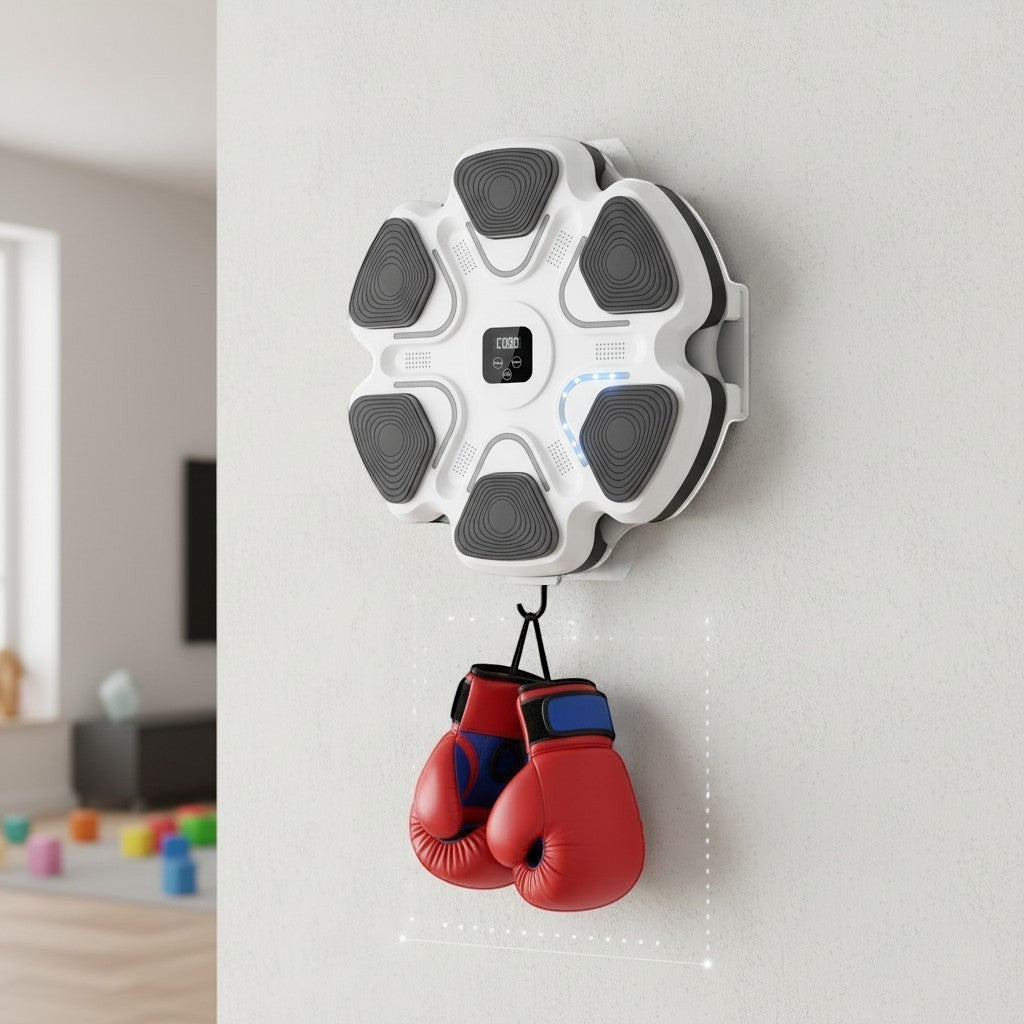 Máquina de boxeo musical inteligente The Fitness Universe montada na parede com luvas de boxe vermelhas penduradas. Ideal para treino em casa.