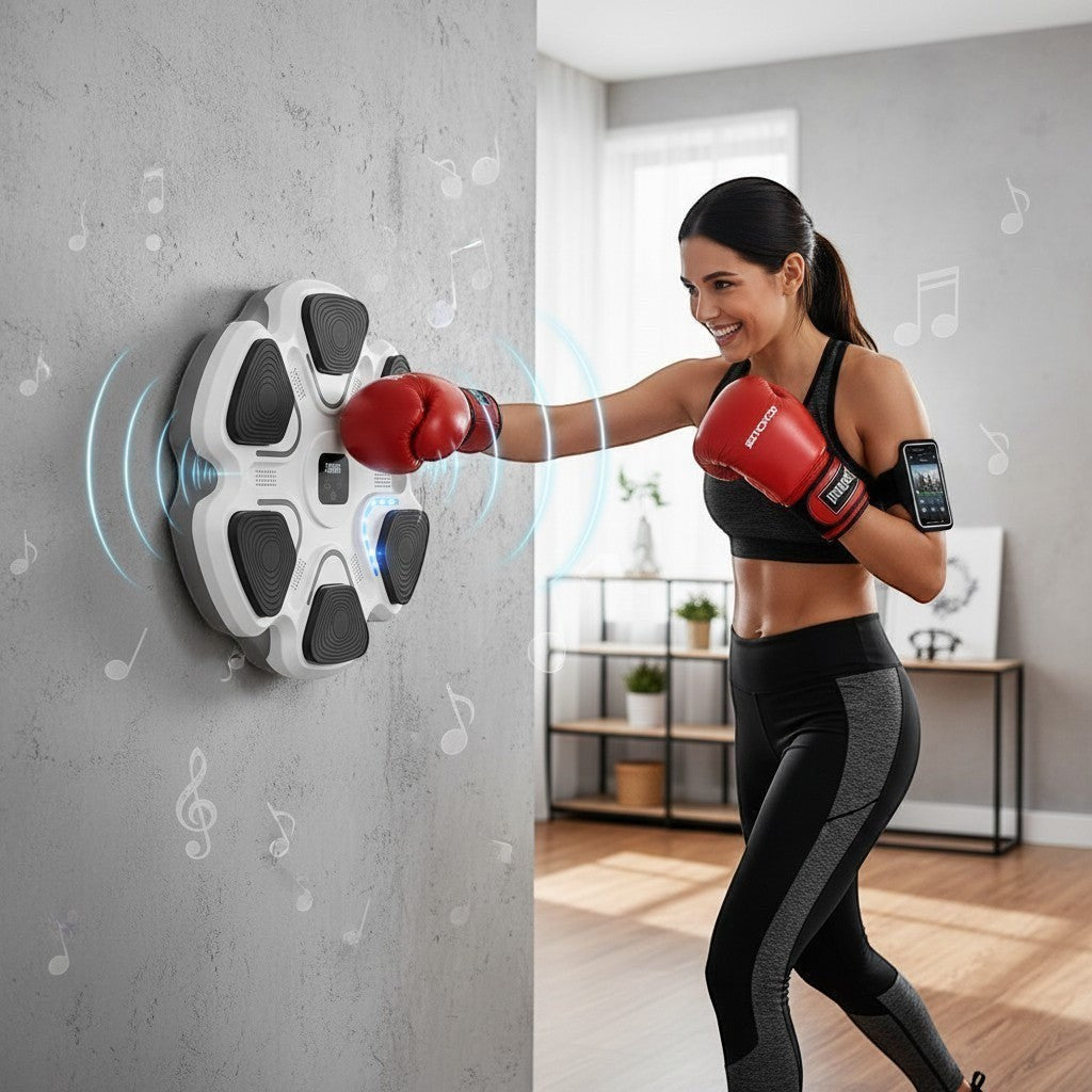 Máquina de boxeo musical inteligente The Fitness Universe, branca, com 6 áreas de impacto hexagonais pretas e ecrã central.