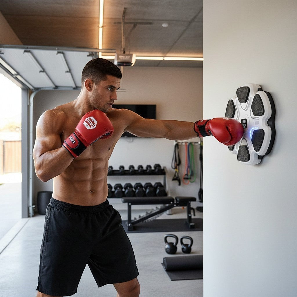 Máquina de boxeo musical inteligente The Fitness Universe, blanca, con 6 almohadillas de impacto hexagonales y pantalla digital central.