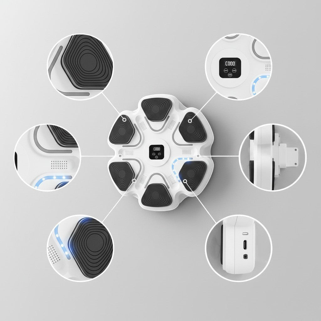 Máquina de boxeo musical inteligente The Fitness Universe, blanca, con 6 almohadillas de impacto hexagonales y pantalla digital central para entrenamiento de reflejos.