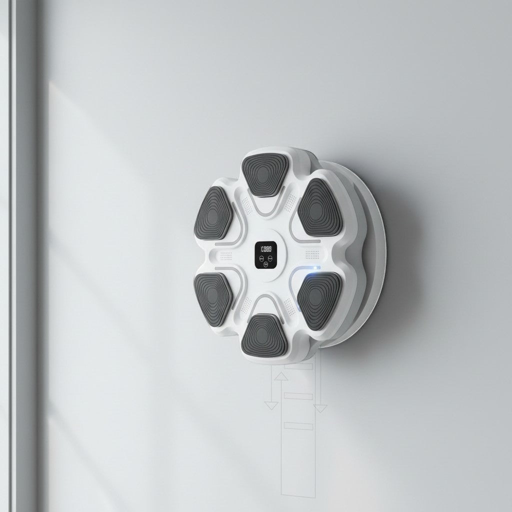 Máquina de boxeo musical inteligente The Fitness Universe, montada en la pared, con 6 almohadillas de impacto grises y pantalla digital.