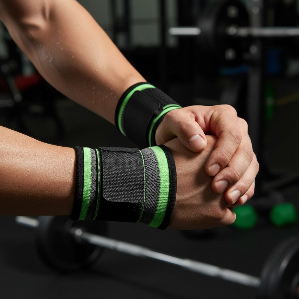 The Fitness Universe Muñequeras de Soporte em neoprene transpirável com faixas verdes e cinzentas e fecho de velcro preto.