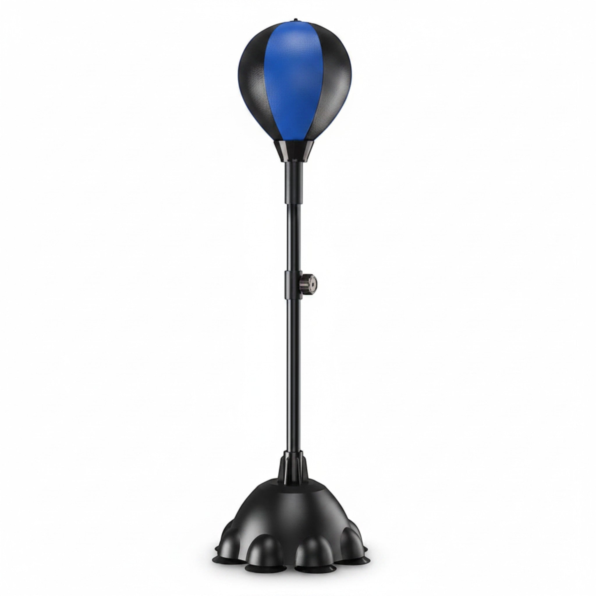 Saco de boxeo vertical The Fitness Universe em PU preto e azul, ideal para treino de força e cardio.