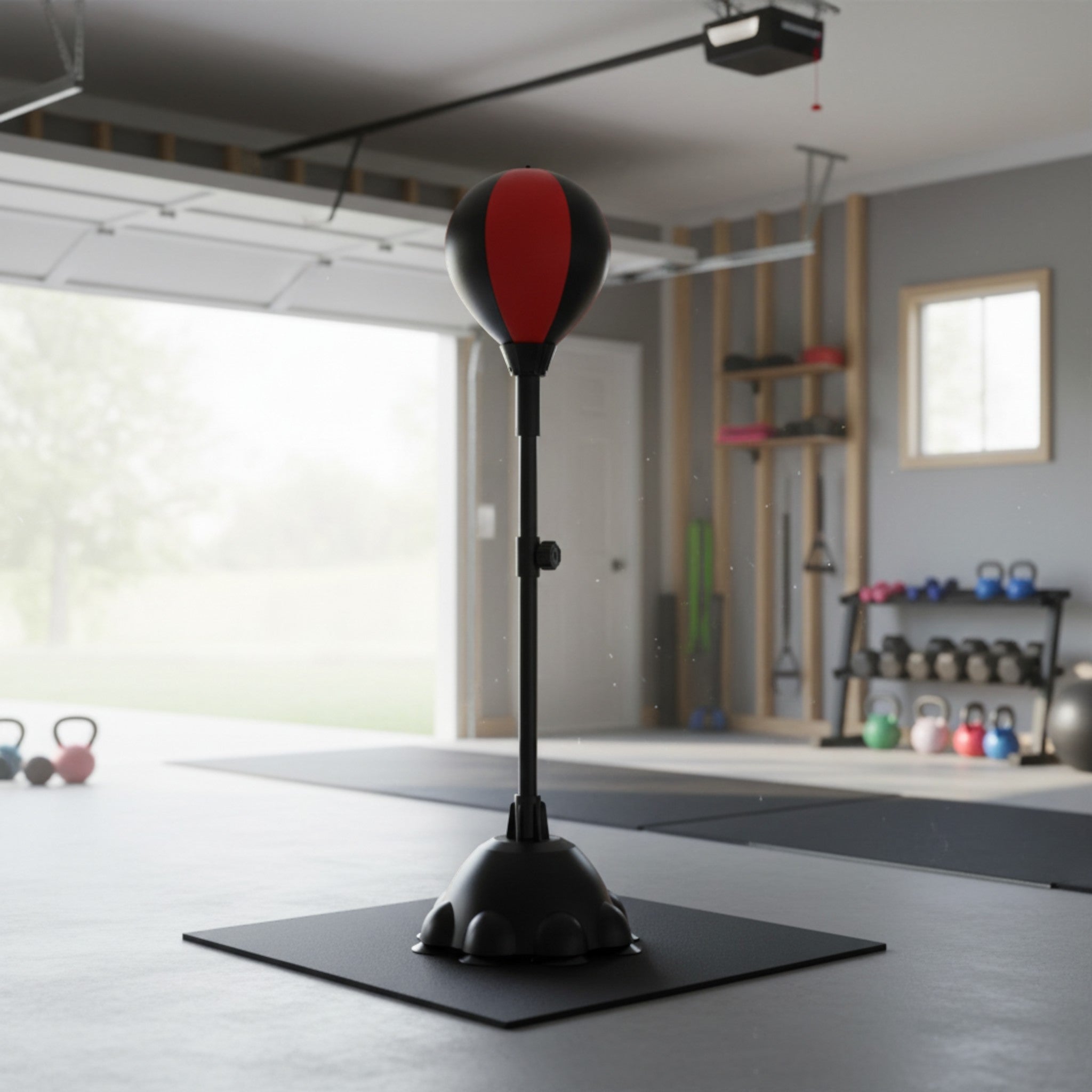 Saco de boxeo vertical The Fitness Universe em PU preto e vermelho para treino de força e cardio em casa.