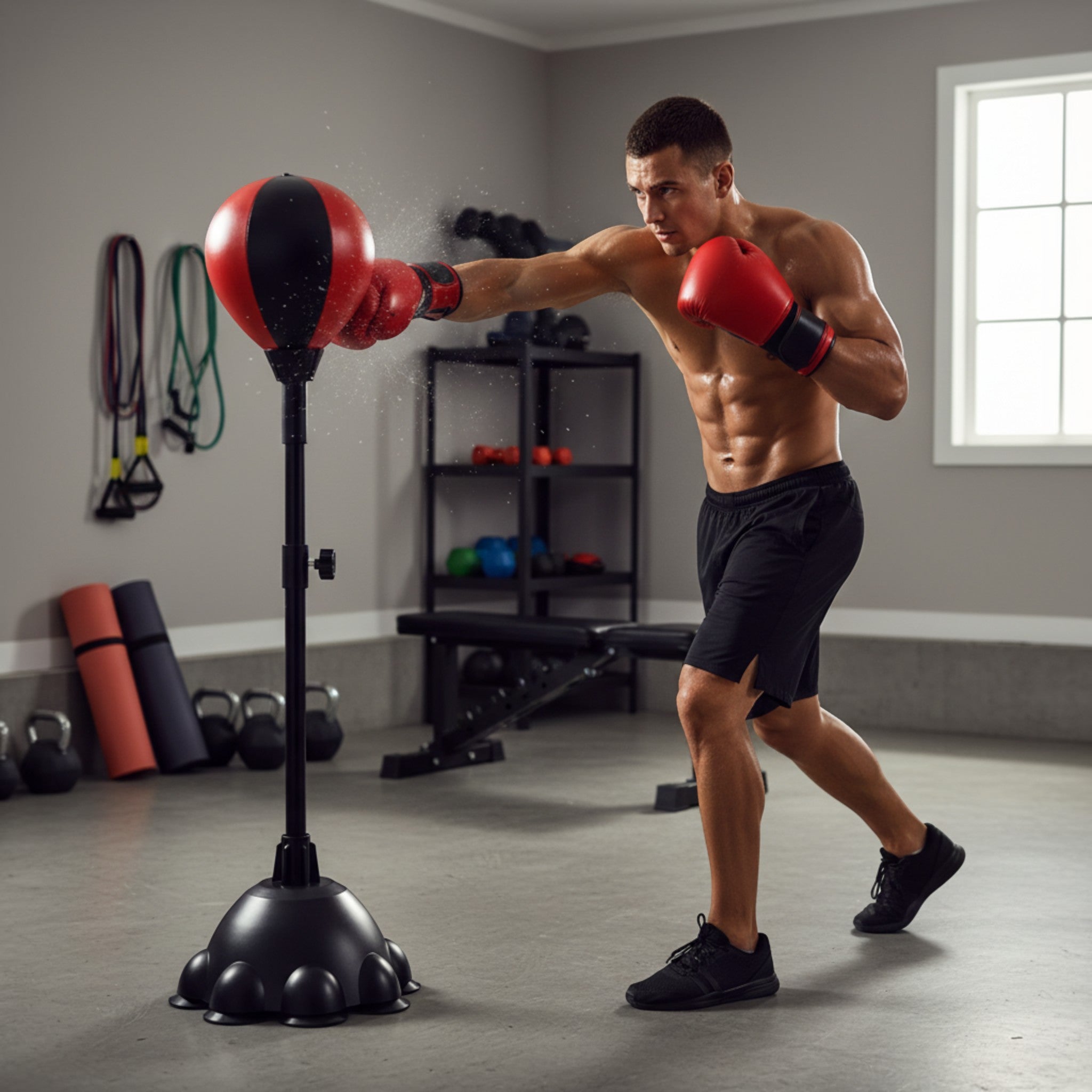 Saco de boxeo vertical The Fitness Universe em PU preto e vermelho para treino de força e cardio em casa.