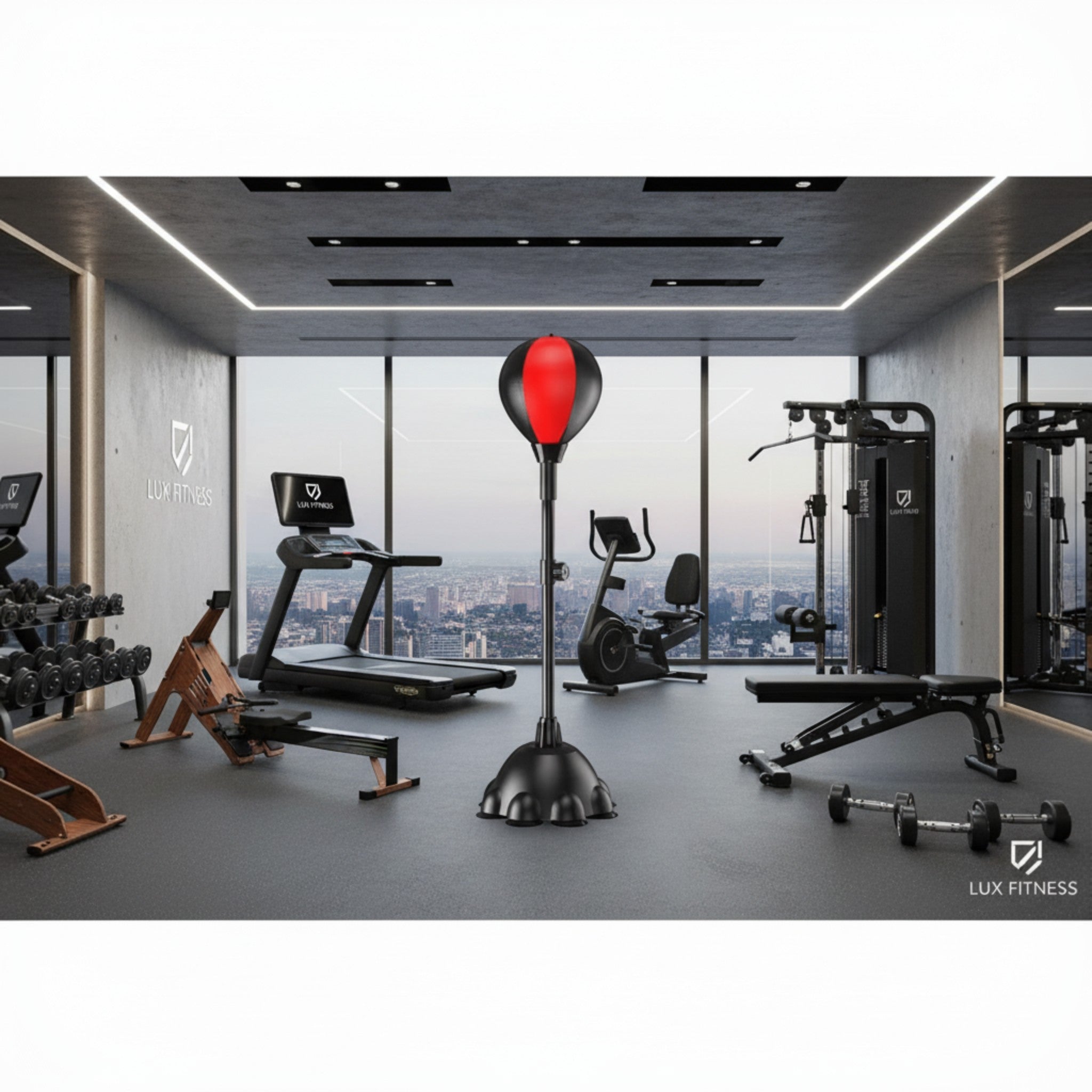 Saco de boxeo vertical The Fitness Universe em PU preto e vermelho para treino de força e cardio em casa.