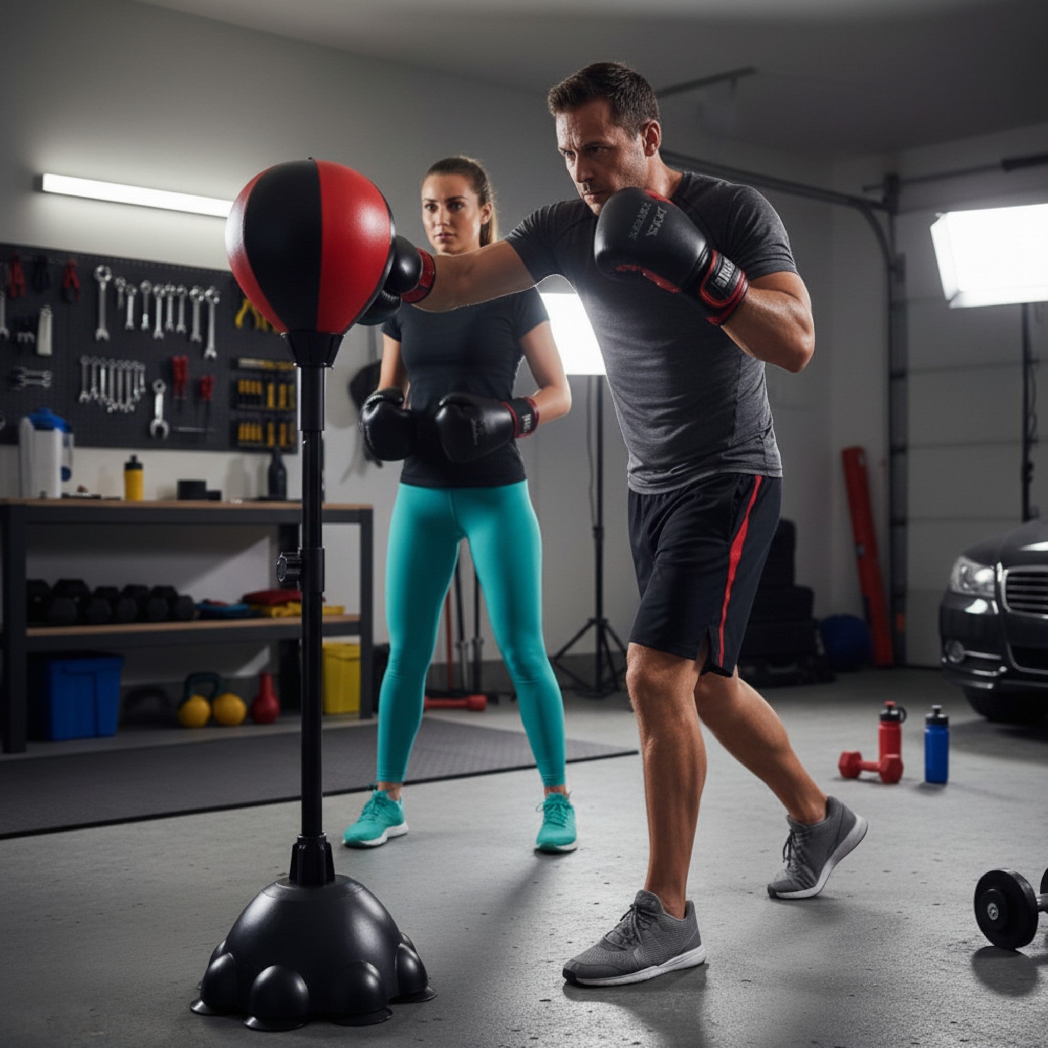 Homem a treinar com saco de boxe vertical The Fitness Universe vermelho e preto em PU, ideal para cardio e força.