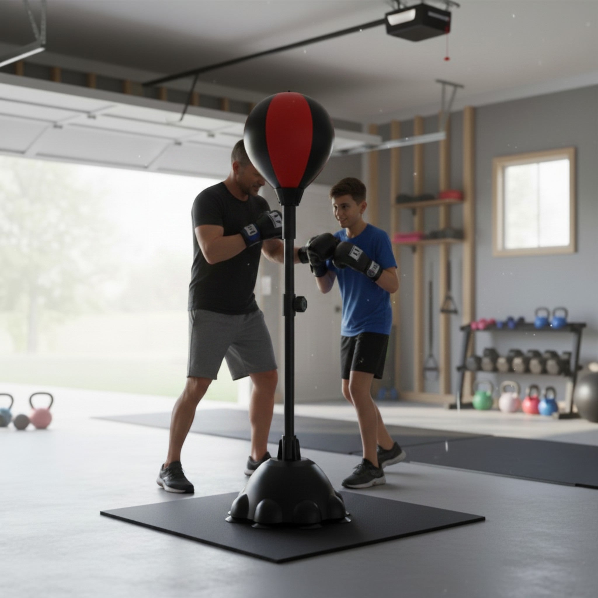 Saco de boxeo vertical The Fitness Universe preto e vermelho em PU, ideal para treino de força e cardio em casa.