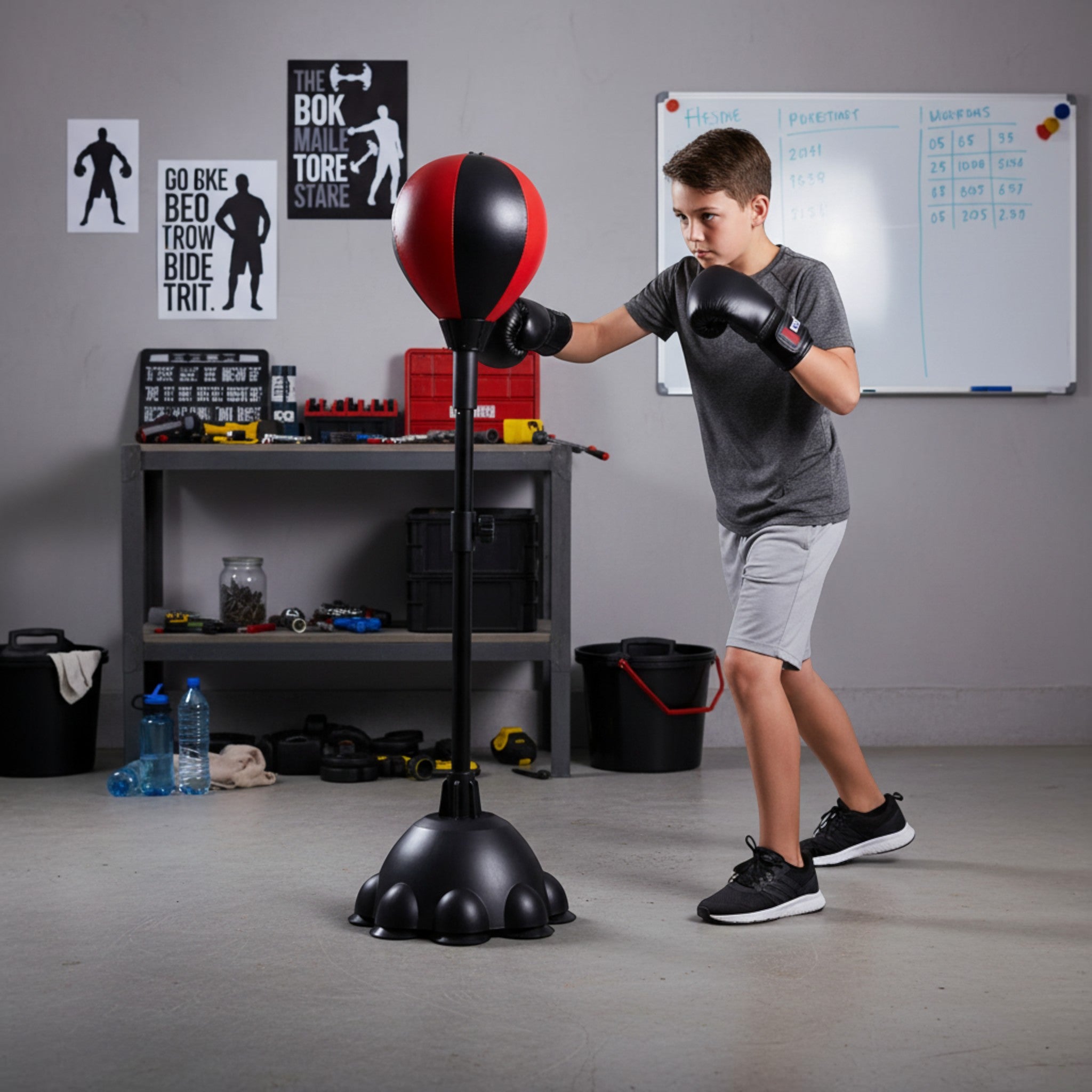 Saco de boxeo vertical The Fitness Universe em PU preto e vermelho para treino de força e cardio em casa.