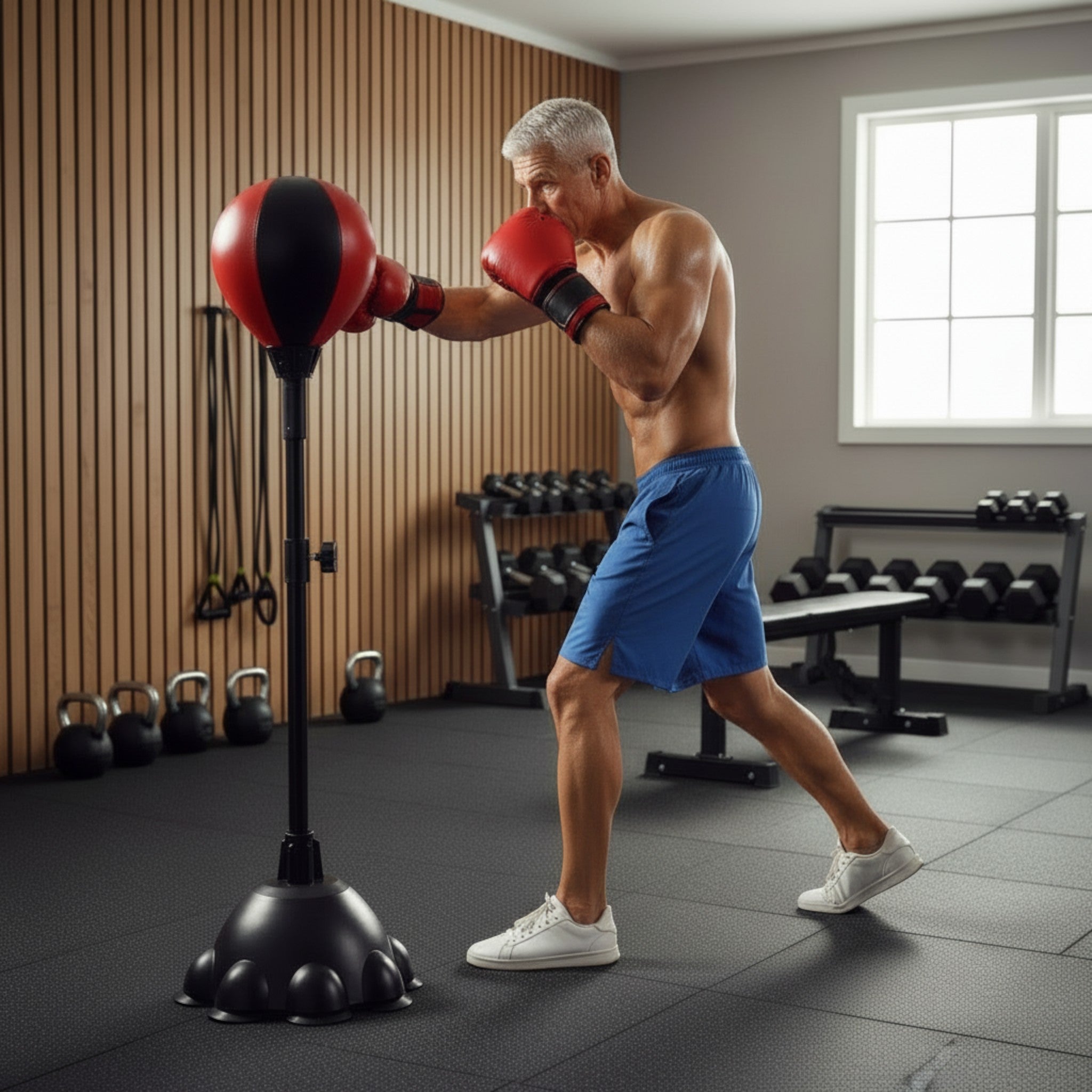 The Fitness Universe saco de boxeo vertical vermelho e preto em PU, usado por um homem em treino.